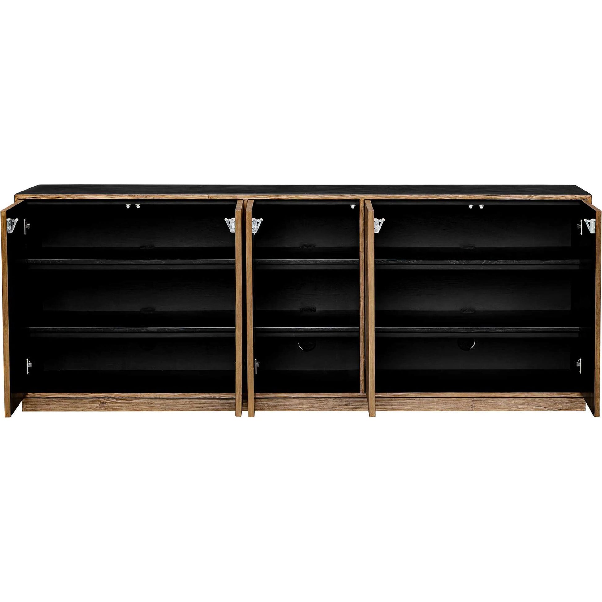 Kelvin 5 Door Media Console by Uttermost in teak. Made from mdf concreate, mdf teak skin veneer, mdf mahogani veneer with mahogani wood in a transitional style.