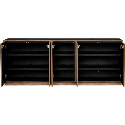 Kelvin 5 Door Media Console by Uttermost in teak. Made from mdf concreate, mdf teak skin veneer, mdf mahogani veneer with mahogani wood in a transitional style.
