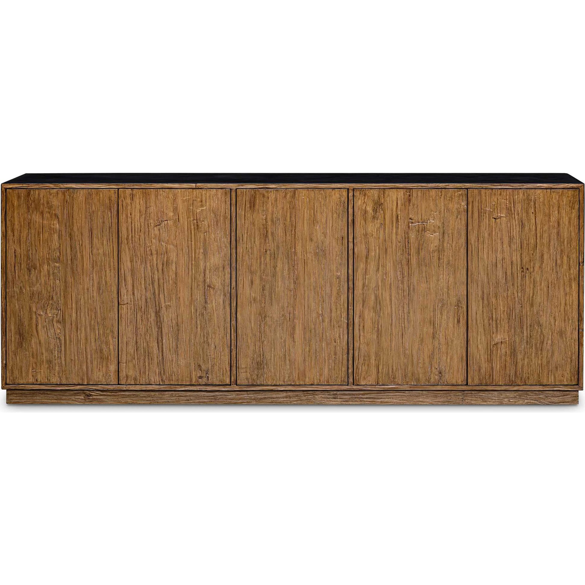 Kelvin 5 Door Media Console by Uttermost in teak. Made from mdf concreate, mdf teak skin veneer, mdf mahogani veneer with mahogani wood in a transitional style.