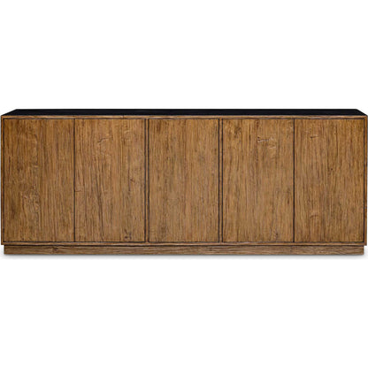 Kelvin 5 Door Media Console by Uttermost in teak. Made from mdf concreate, mdf teak skin veneer, mdf mahogani veneer with mahogani wood in a transitional style.