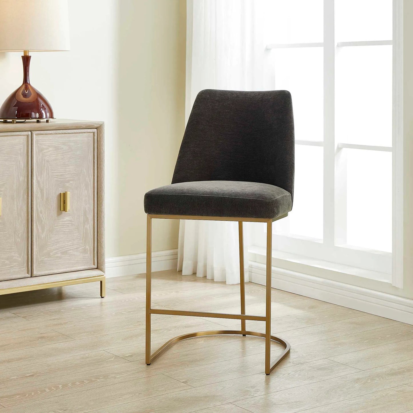 003 SI-2453137 | Lifestyle | Hanni Counter Stool by Uttermost in gray, brass. Made from plywood, solid wood, stainless steel, foam, fabric in a eclectic & global style.