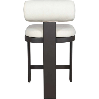 Bolster Back Outdoor Counter Stool by Uttermost in oyster white. Made from metal aluminium with cushion crescent cloud dancer in a transitional style.