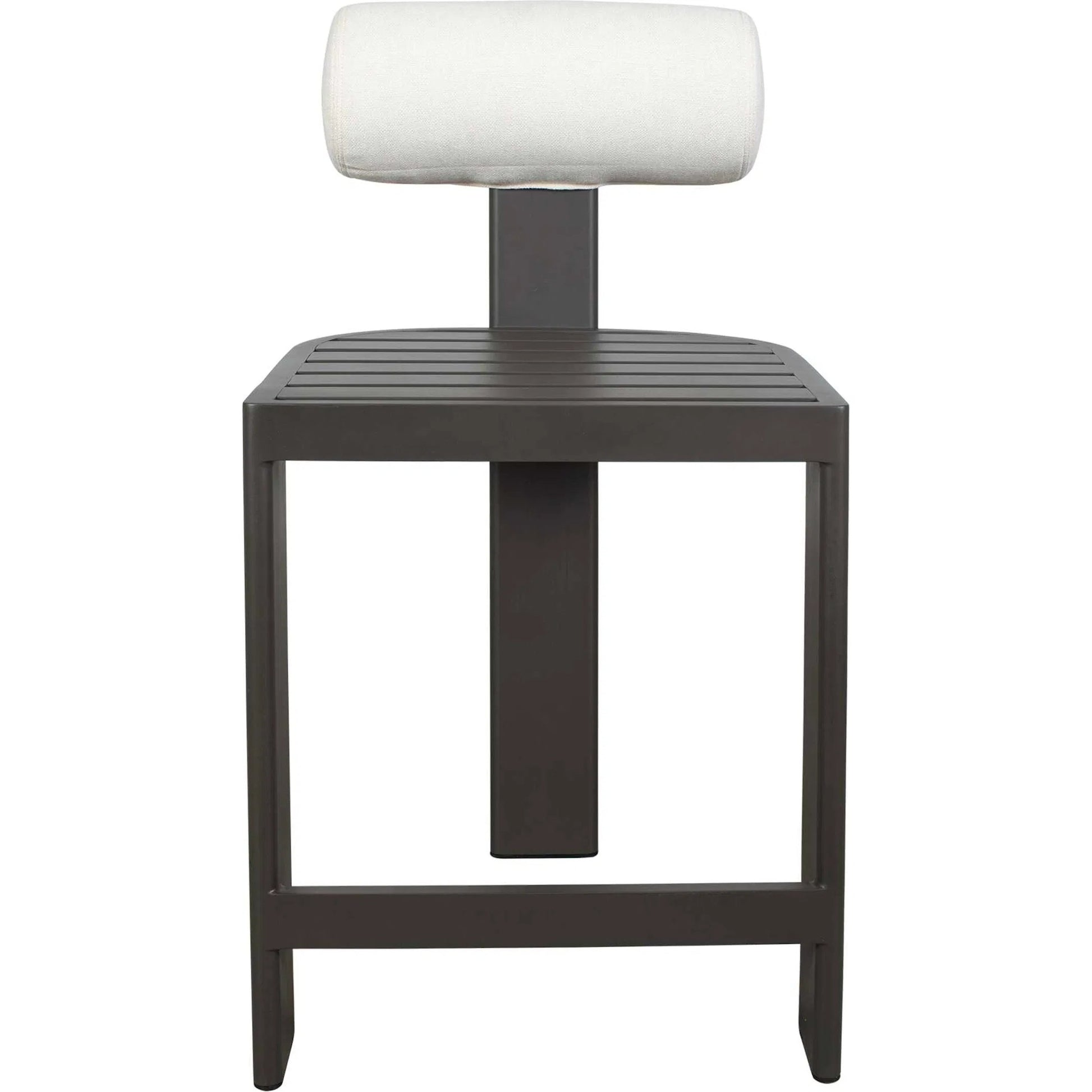 Bolster Back Outdoor Counter Stool by Uttermost in oyster white. Made from metal aluminium with cushion crescent cloud dancer in a transitional style.