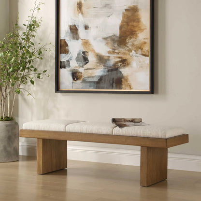 Haden Upholstery Bench by Uttermost in brown, white and walnut. Made from plywood, rubber wood, fabric, foam in a unique style.