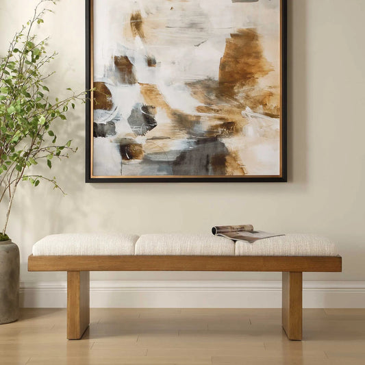 Haden Upholstery Bench by Uttermost in brown, white and walnut. Made from plywood, rubber wood, fabric, foam in a unique style.