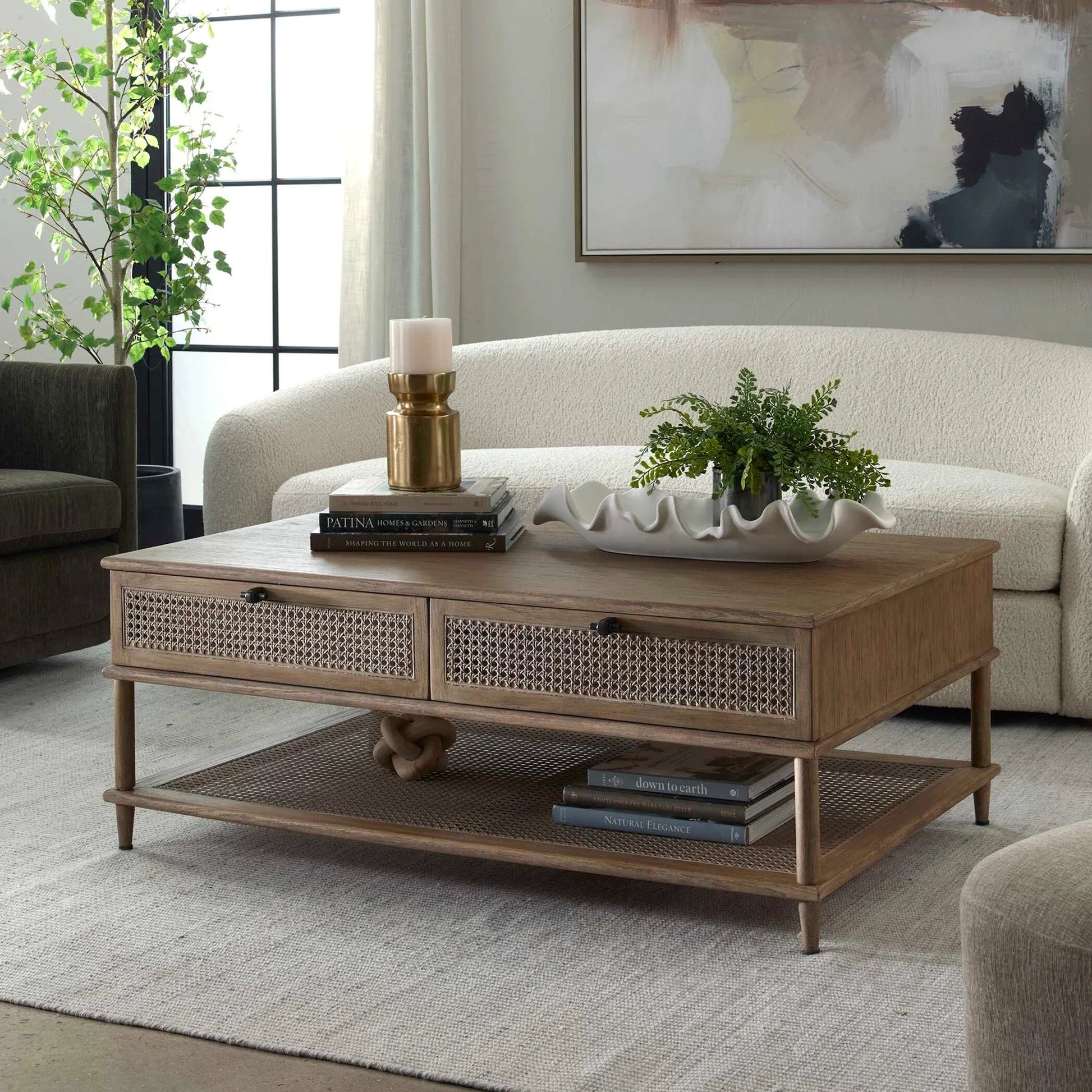 Coast Mid-Century Coffee Table by Uttermost in woodtone and dark. Made from mindi wood, mdf mindi veneer with rattan in a unique style.