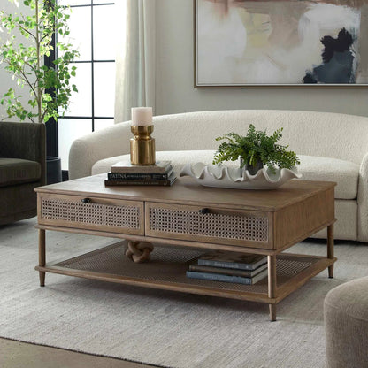 Coast Mid-Century Coffee Table by Uttermost in woodtone and dark. Made from mindi wood, mdf mindi veneer with rattan in a unique style.