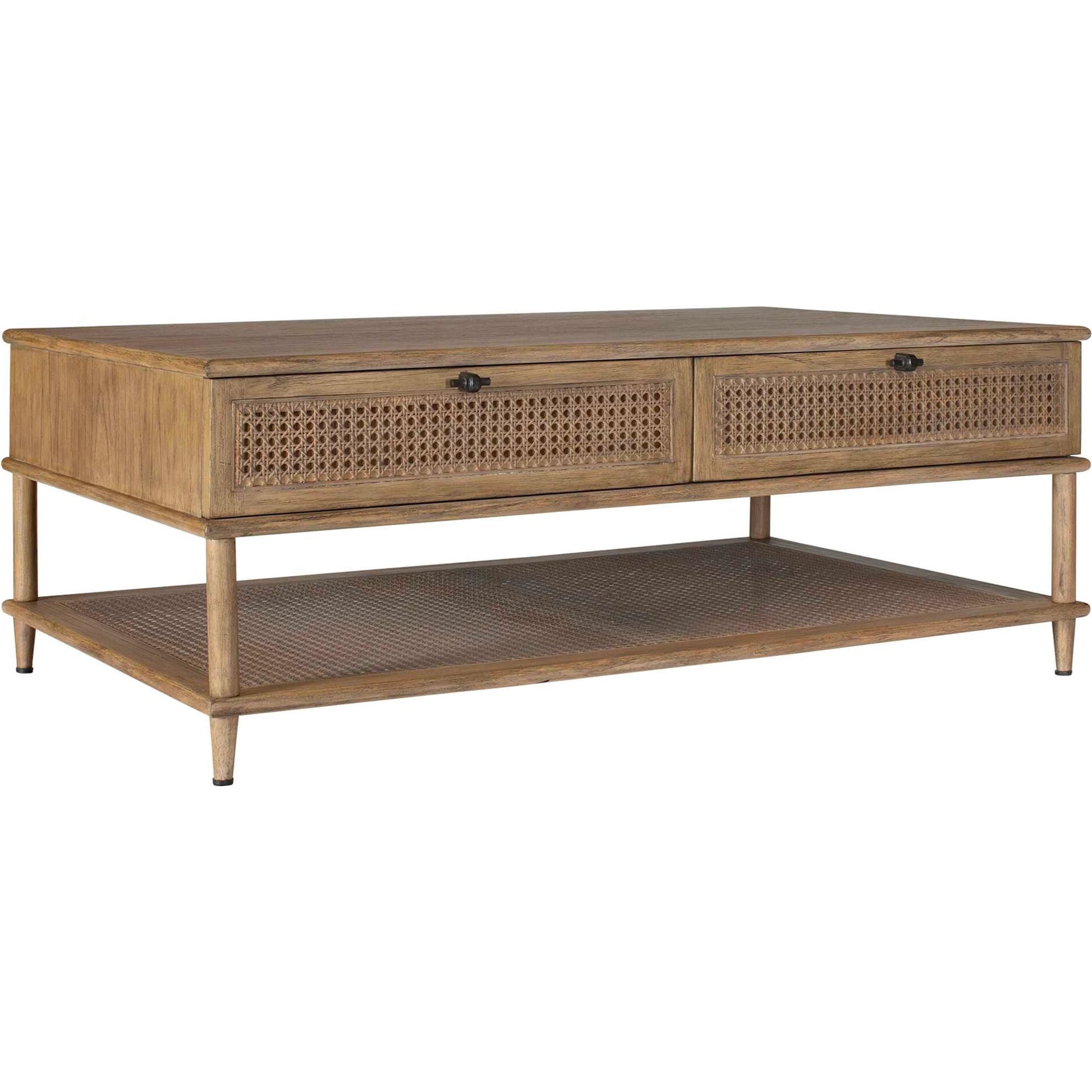 Coast Mid-Century Coffee Table by Uttermost in woodtone and dark. Made from mindi wood, mdf mindi veneer with rattan in a unique style.
