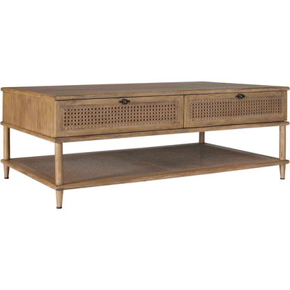 Coast Mid-Century Coffee Table by Uttermost in woodtone and dark. Made from mindi wood, mdf mindi veneer with rattan in a unique style.