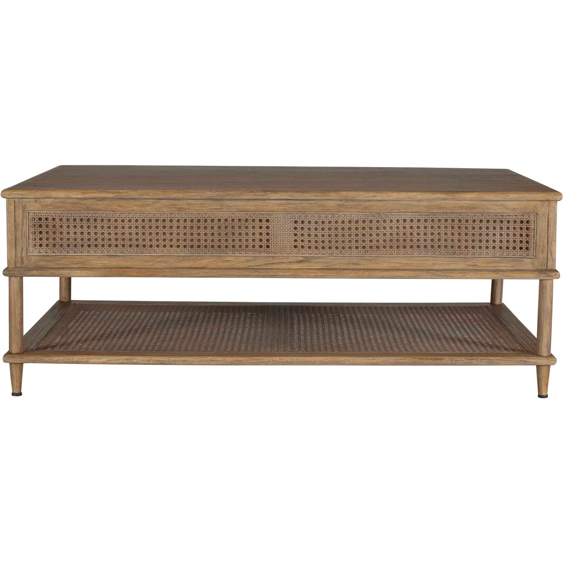 Coast Mid-Century Coffee Table by Uttermost in woodtone and dark. Made from mindi wood, mdf mindi veneer with rattan in a unique style.