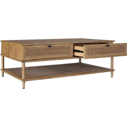 Coast Mid-Century Coffee Table by Uttermost in woodtone and dark. Made from mindi wood, mdf mindi veneer with rattan in a unique style.