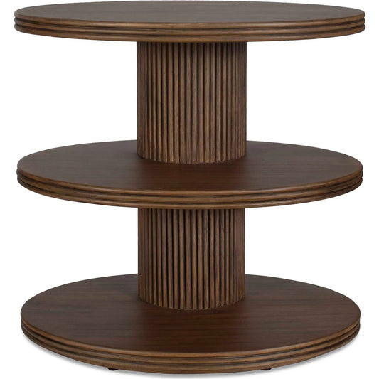Top Tier Oval Side Table by Uttermost in walnut. Made from mdf mindi veneer, mindi wood wit rattan in a unique style.