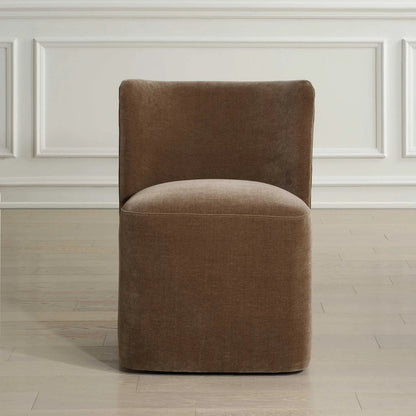 Outlook Modern Velvet Dining Chair by Uttermost in brown. Made from fabric, foam, plywood in a unique style.