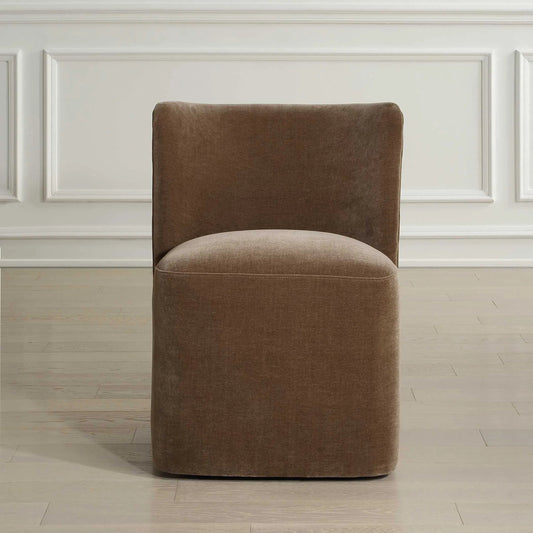 Outlook Modern Velvet Dining Chair by Uttermost in brown. Made from fabric, foam, plywood in a unique style.