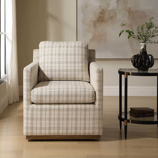 Basie Linen Swivel Chair by Uttermost in white. Made from solid wood, plywood, foam, fabric in a unique style.