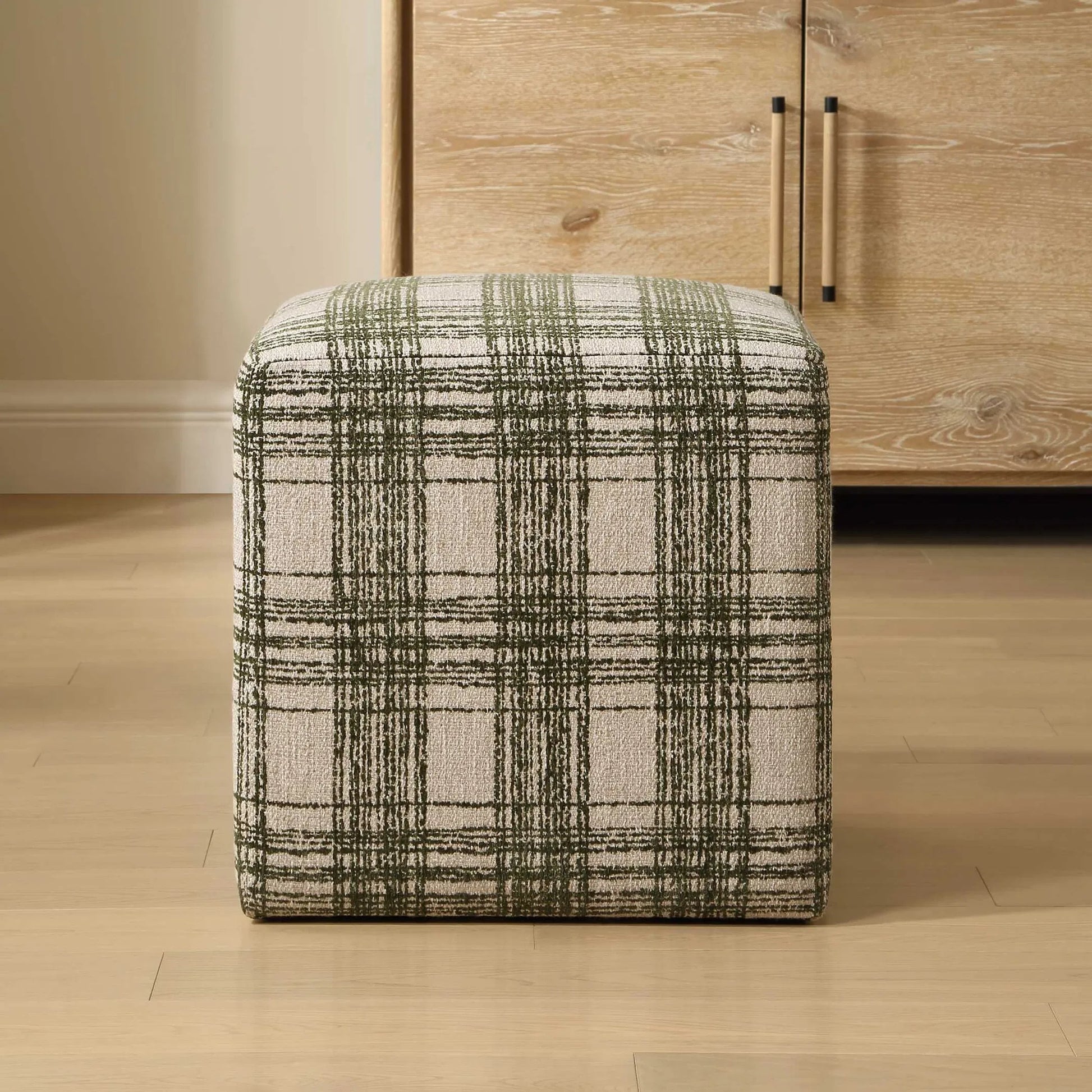 Joie Ireland Plaid Ottoman by Uttermost in green, white. Made from solid wood, plywood, foam, fabric in a unique style.