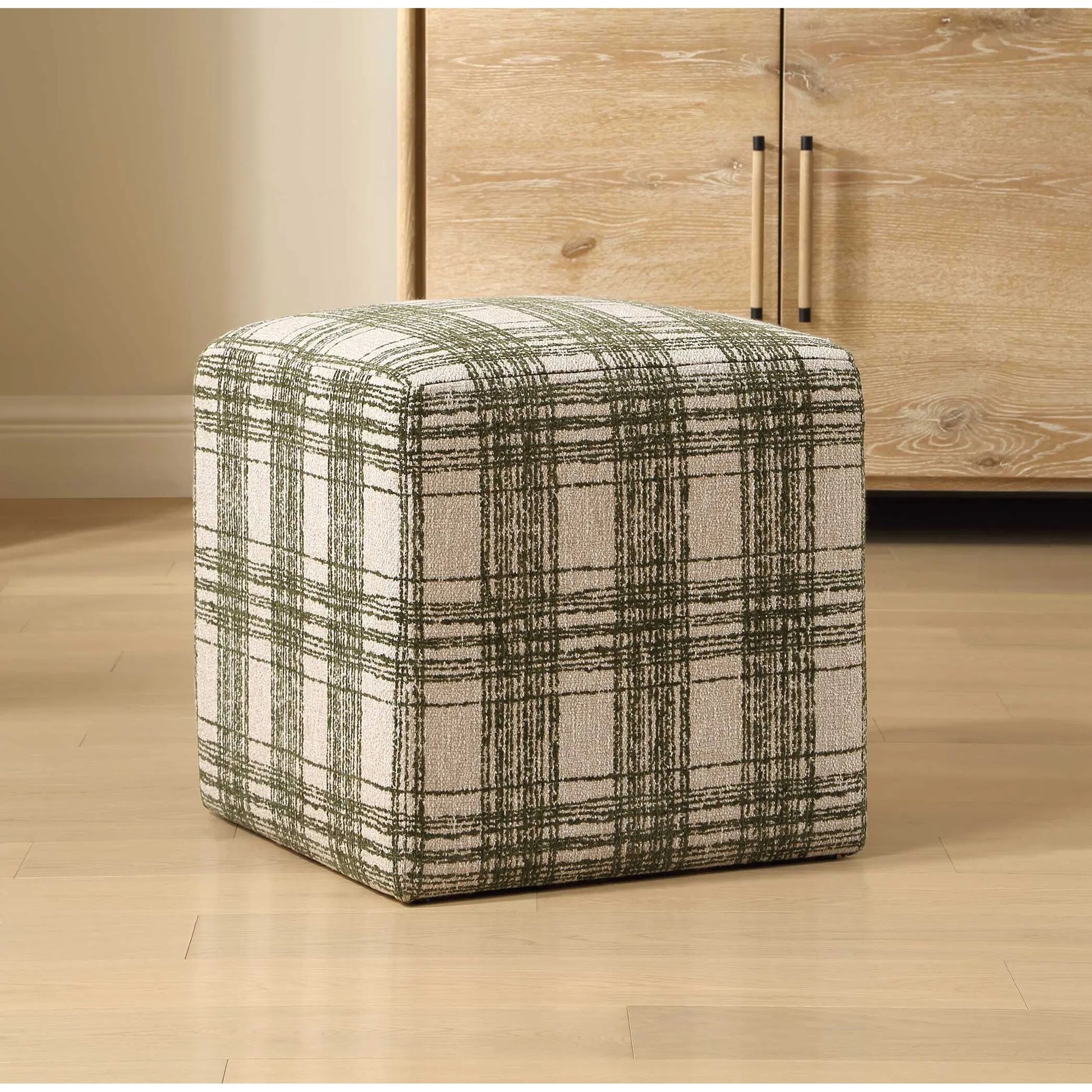 Joie Ireland Plaid Ottoman by Uttermost in green, white. Made from solid wood, plywood, foam, fabric in a unique style.