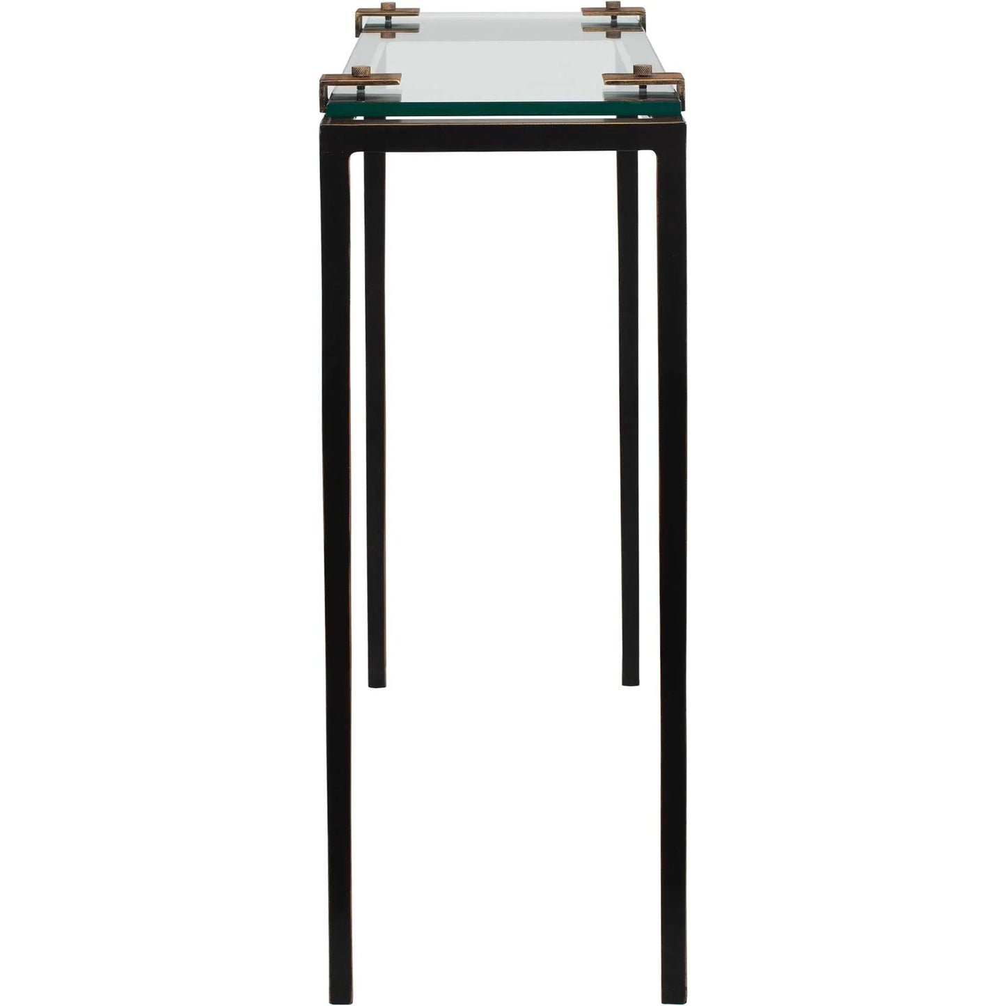 002 SI-2630685 | Closeup | Averona Glass Top Accent Table by Uttermost in bronze and bronze. Made from iron, glass in a unique style.