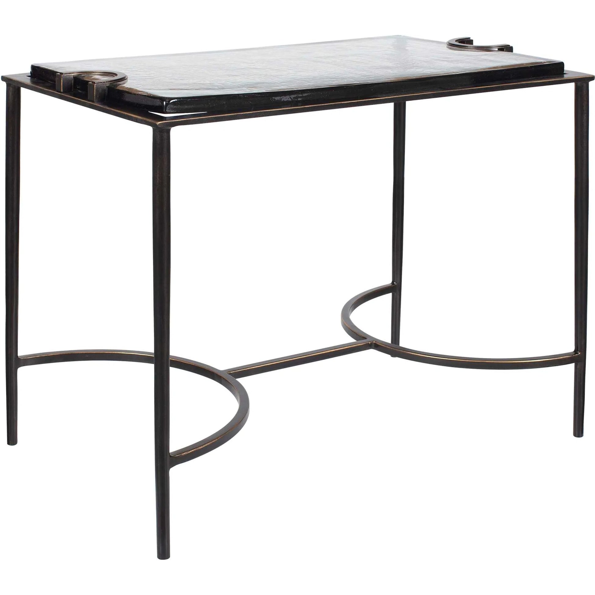 Eisen Textured Glass Accent Table by Uttermost in dark. Made from iron, glass in a unique style.
