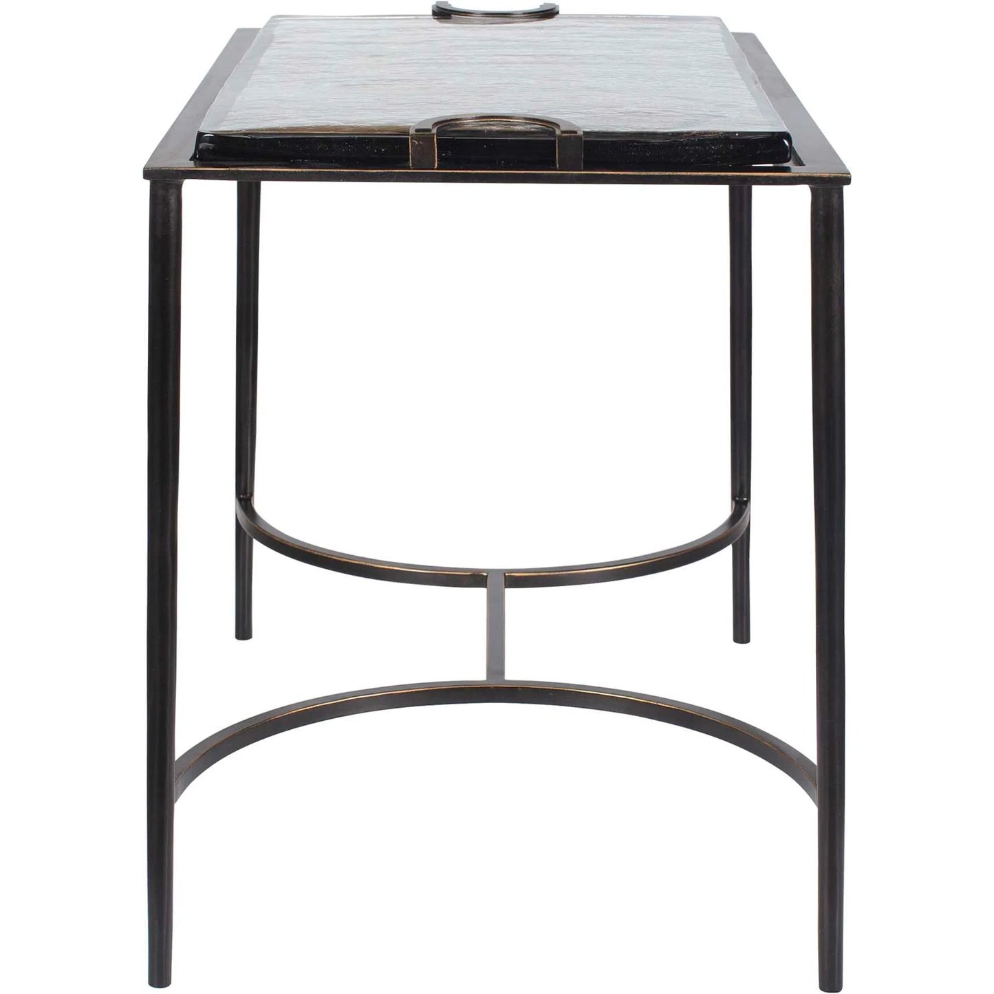 002 SI-2630687 | Closeup | Eisen Textured Glass Accent Table by Uttermost in dark. Made from iron, glass in a unique style.