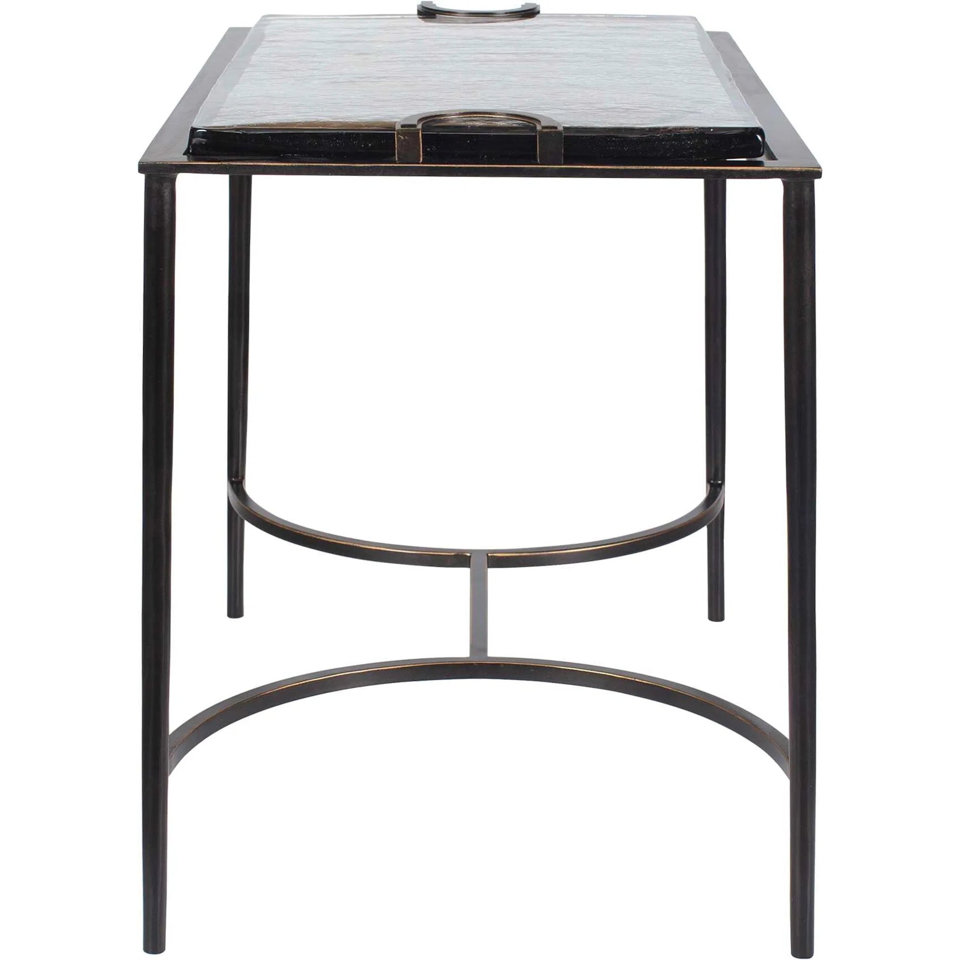 Eisen Textured Glass Accent Table by Uttermost in dark. Made from iron, glass in a unique style.