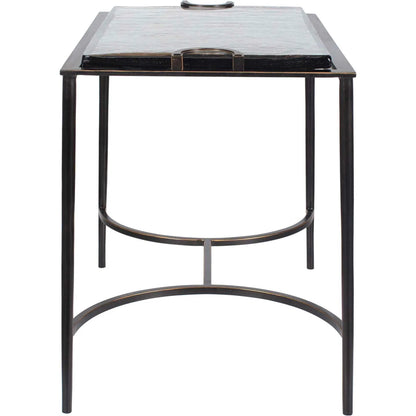 Eisen Textured Glass Accent Table by Uttermost in dark. Made from iron, glass in a unique style.