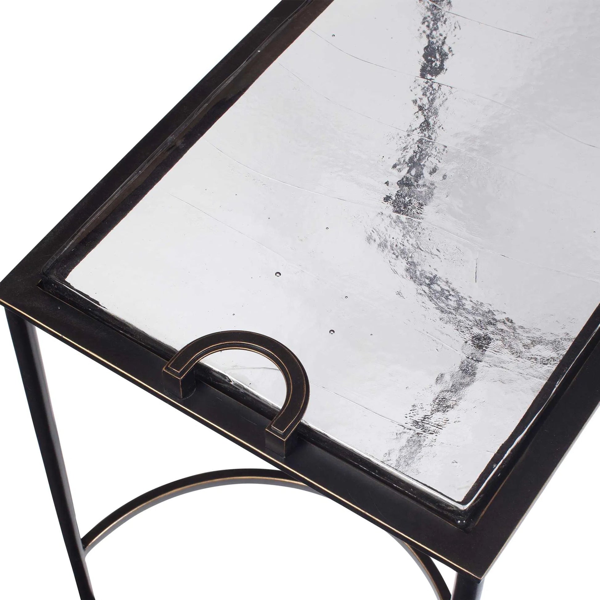 Eisen Textured Glass Accent Table by Uttermost in dark. Made from iron, glass in a unique style.