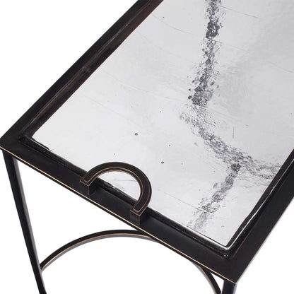 Eisen Textured Glass Accent Table by Uttermost in dark. Made from iron, glass in a unique style.