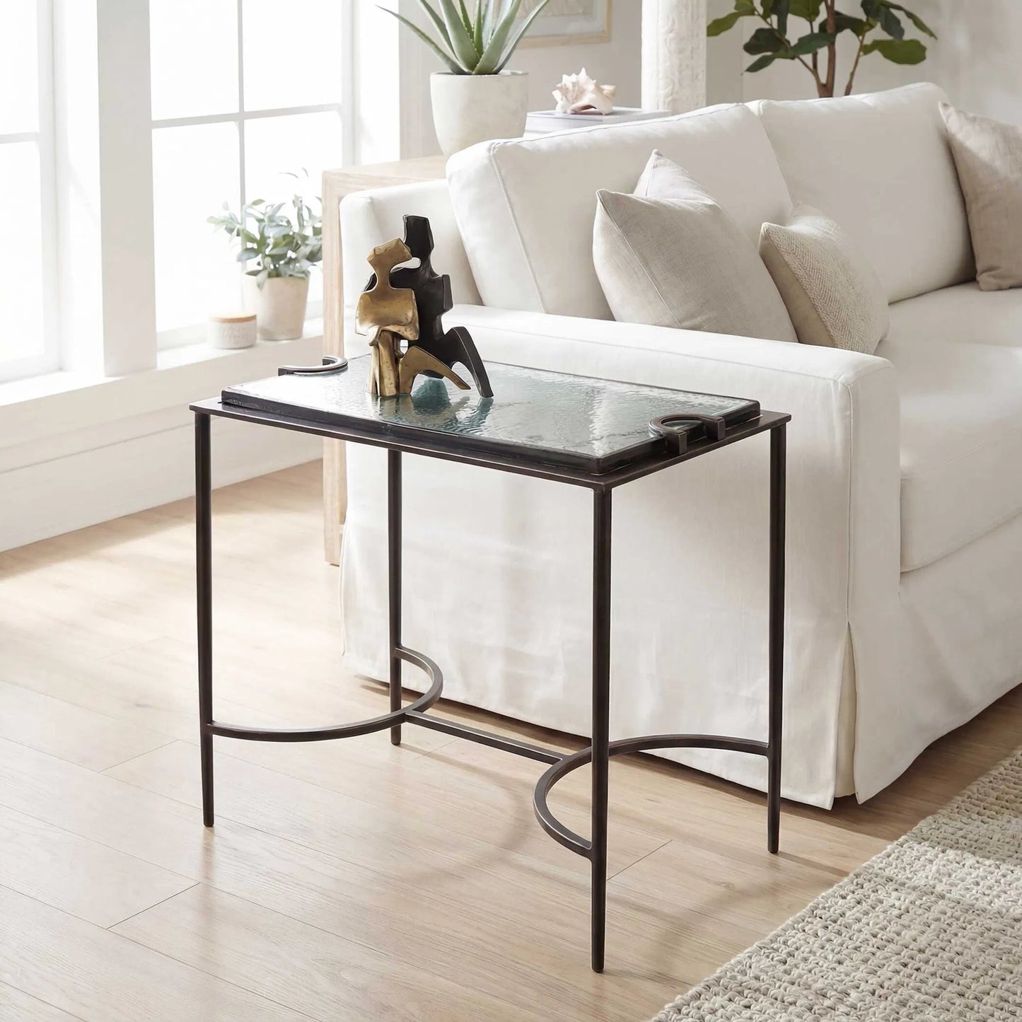 003 SI-2630687 | Lifestyle | Eisen Textured Glass Accent Table by Uttermost in dark. Made from iron, glass in a unique style.