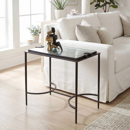 Eisen Textured Glass Accent Table by Uttermost in dark. Made from iron, glass in a unique style.