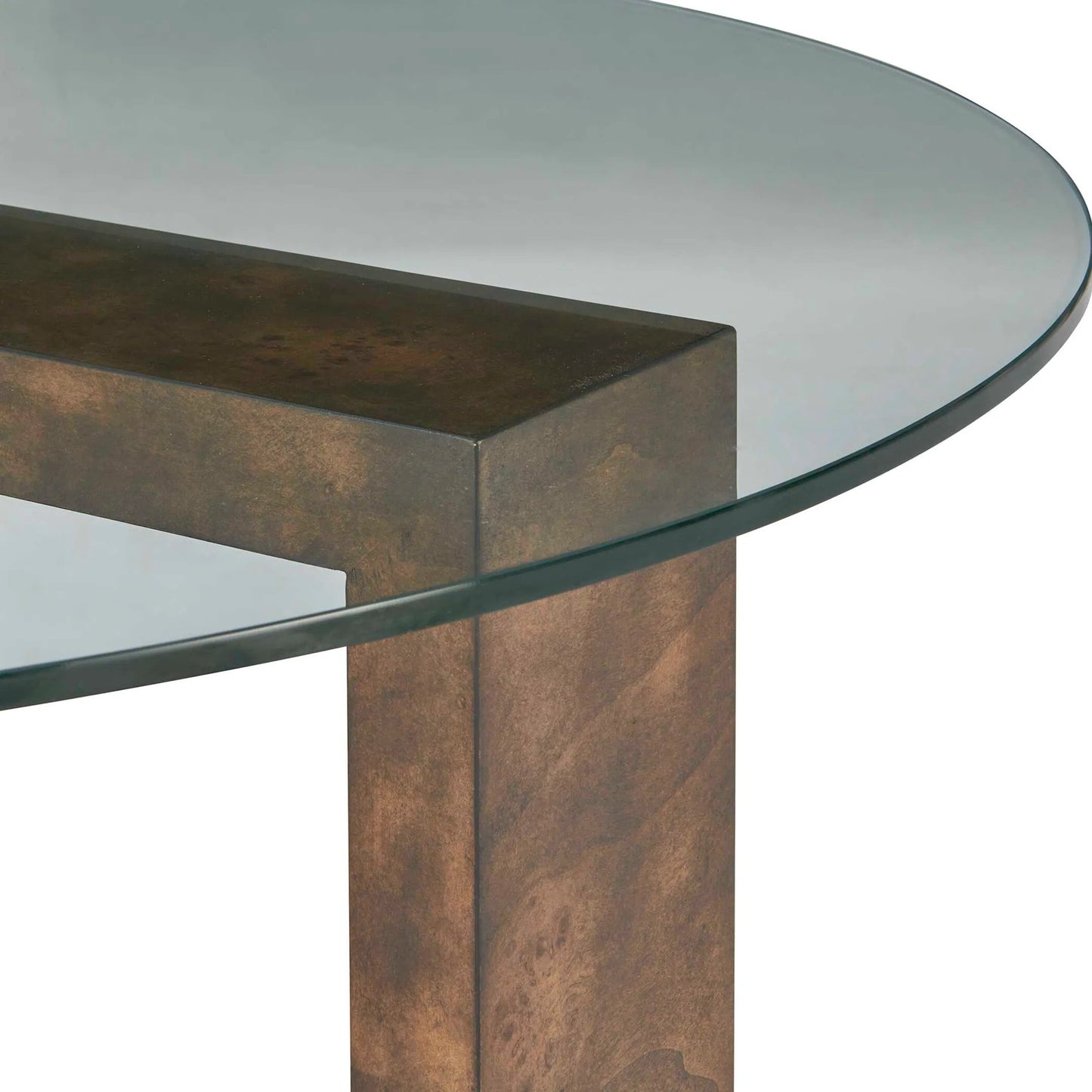 002 SI-2526286 | Closeup | Ignis Round Glass Coffee Table by Uttermost in brown, woodtone. Made from mappa burl veneered board, tempered glass 10mm, sheet metal plate in a unique style.