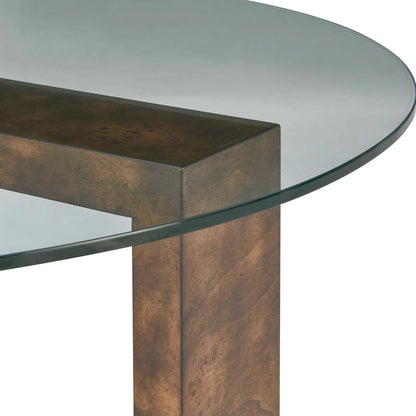 Ignis Round Glass Coffee Table by Uttermost in brown, woodtone. Made from mappa burl veneered board, tempered glass 10mm, sheet metal plate in a unique style.