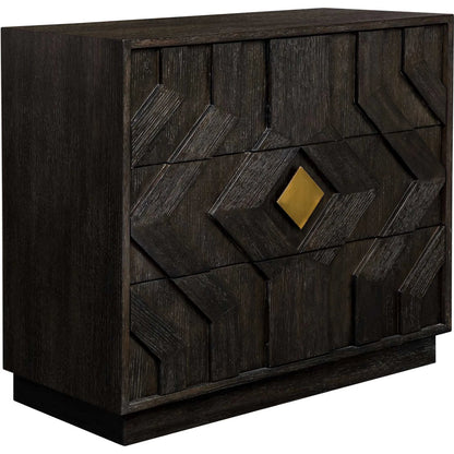 Faulkner 3 Drawer Modern Chest by Uttermost in black, brass and gold. Made from mdf oak veneer, oak wood in a unique style.