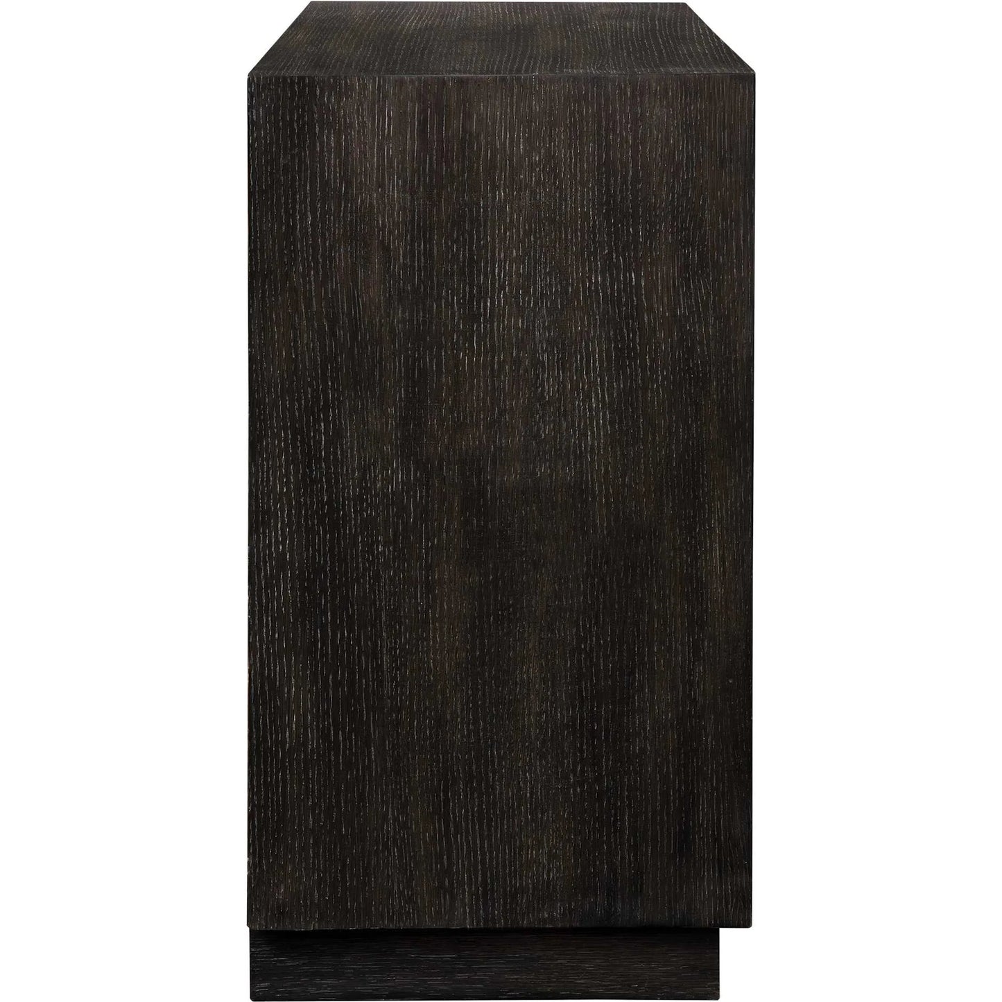 002 SI-2630693 | Closeup | Faulkner 3 Drawer Modern Chest by Uttermost in black, brass and gold. Made from mdf oak veneer, oak wood in a unique style.