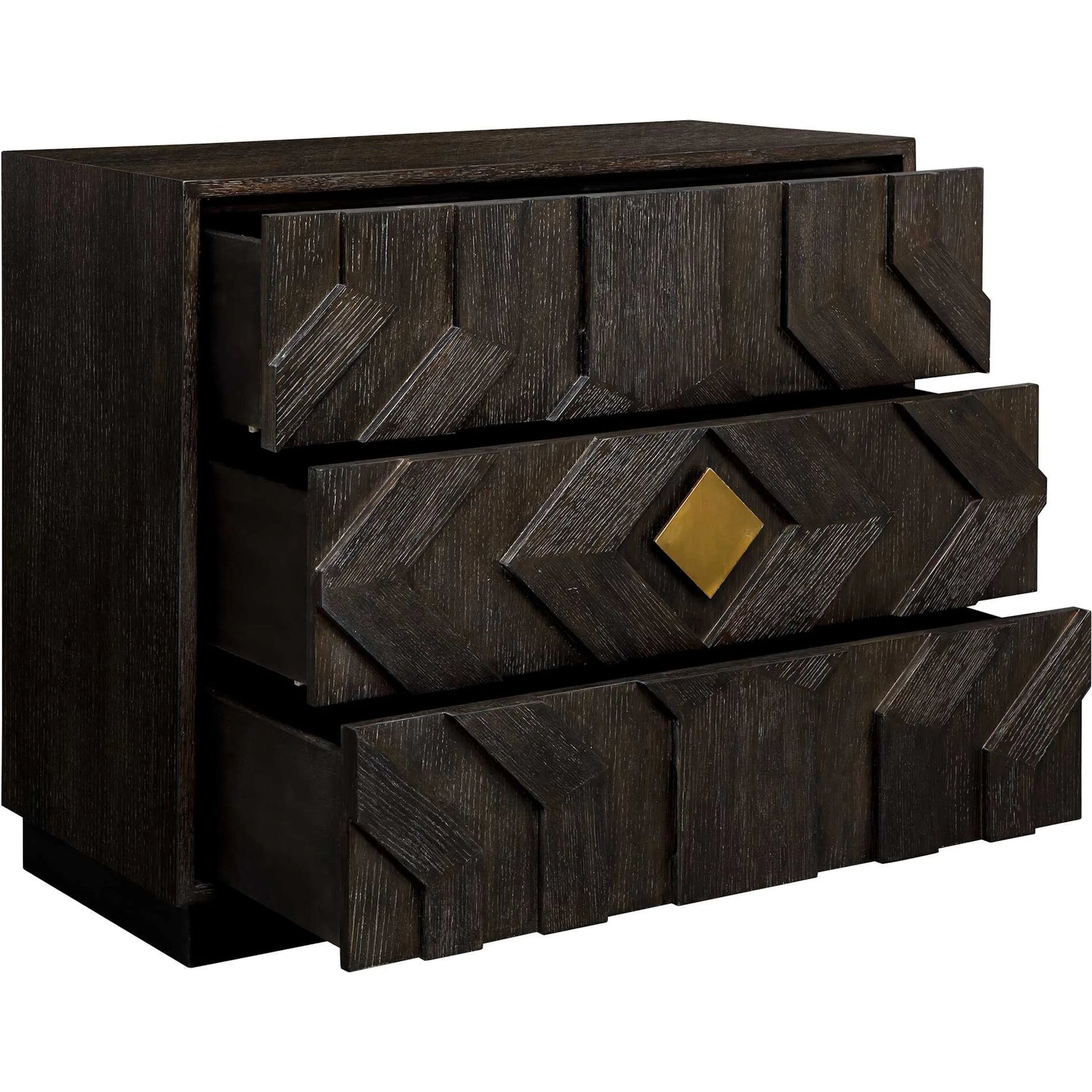 Faulkner 3 Drawer Modern Chest by Uttermost in black, brass and gold. Made from mdf oak veneer, oak wood in a unique style.