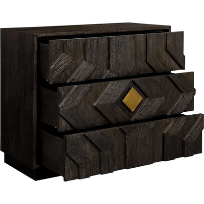 Faulkner 3 Drawer Modern Chest by Uttermost in black, brass and gold. Made from mdf oak veneer, oak wood in a unique style.