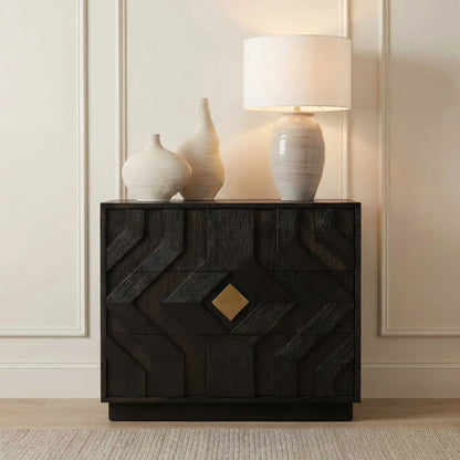 Faulkner 3 Drawer Modern Chest by Uttermost in black, brass and gold. Made from mdf oak veneer, oak wood in a unique style.