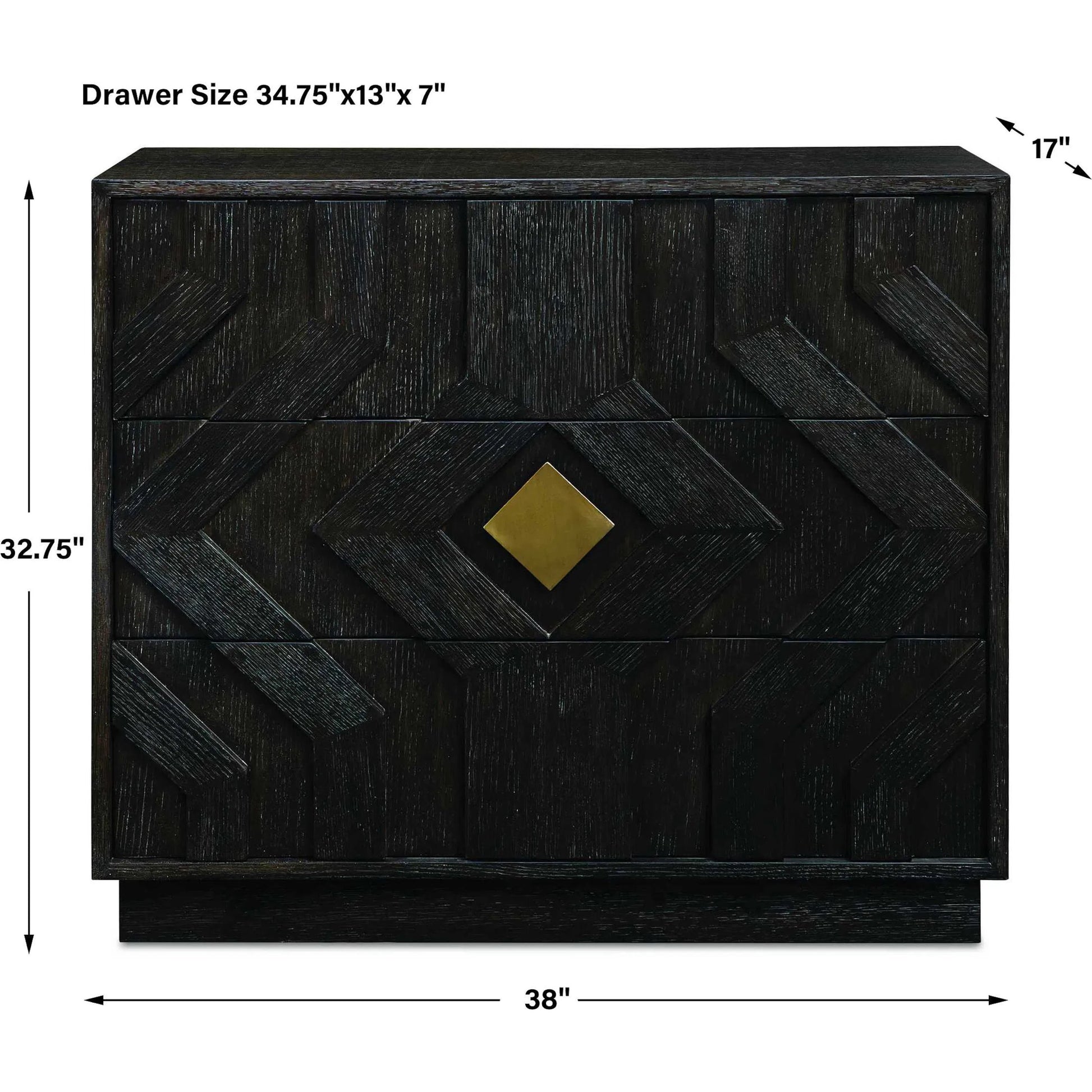 Faulkner 3 Drawer Modern Chest by Uttermost in black, brass and gold. Made from mdf oak veneer, oak wood in a unique style.