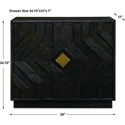 Faulkner 3 Drawer Modern Chest by Uttermost in black, brass and gold. Made from mdf oak veneer, oak wood in a unique style.