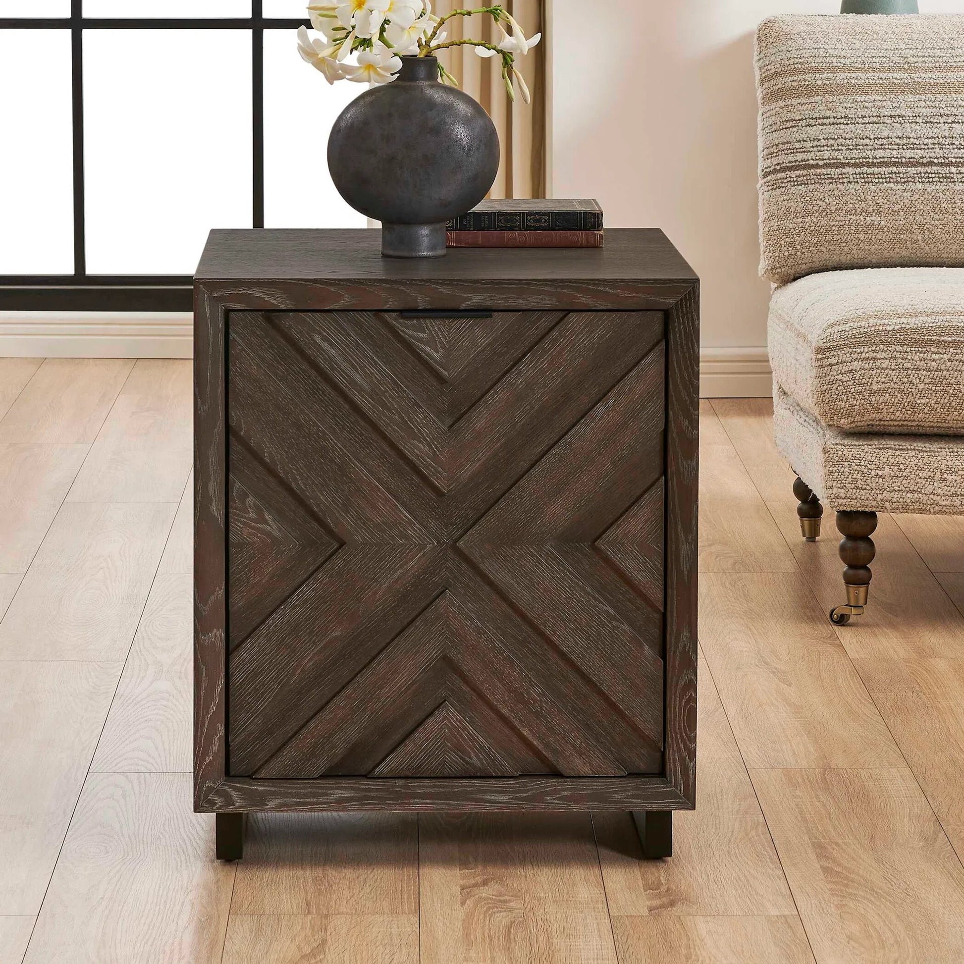 Barrett Cabinet by Uttermost in dark charcoal. Made from oak veneer board, iron in a unique style.