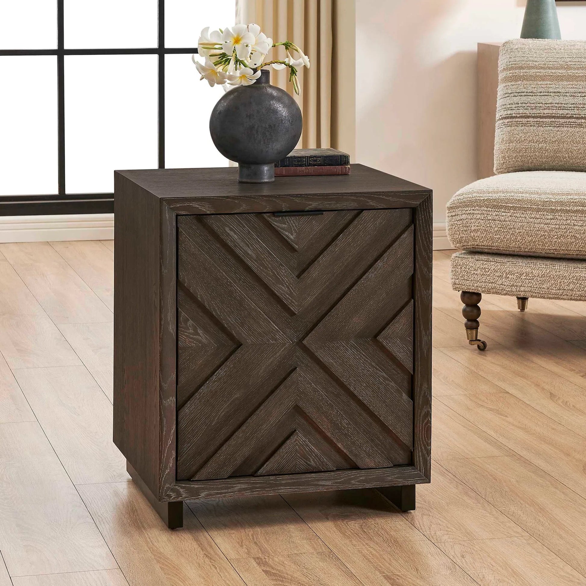 Barrett Cabinet by Uttermost in dark charcoal. Made from oak veneer board, iron in a unique style.