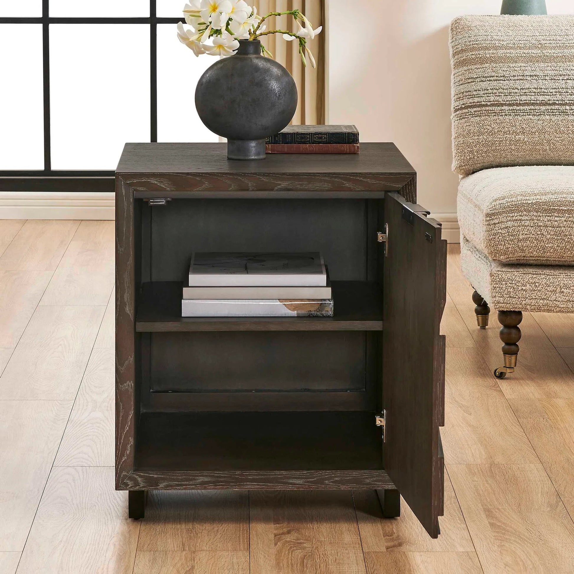 Barrett Cabinet by Uttermost in dark charcoal. Made from oak veneer board, iron in a unique style.