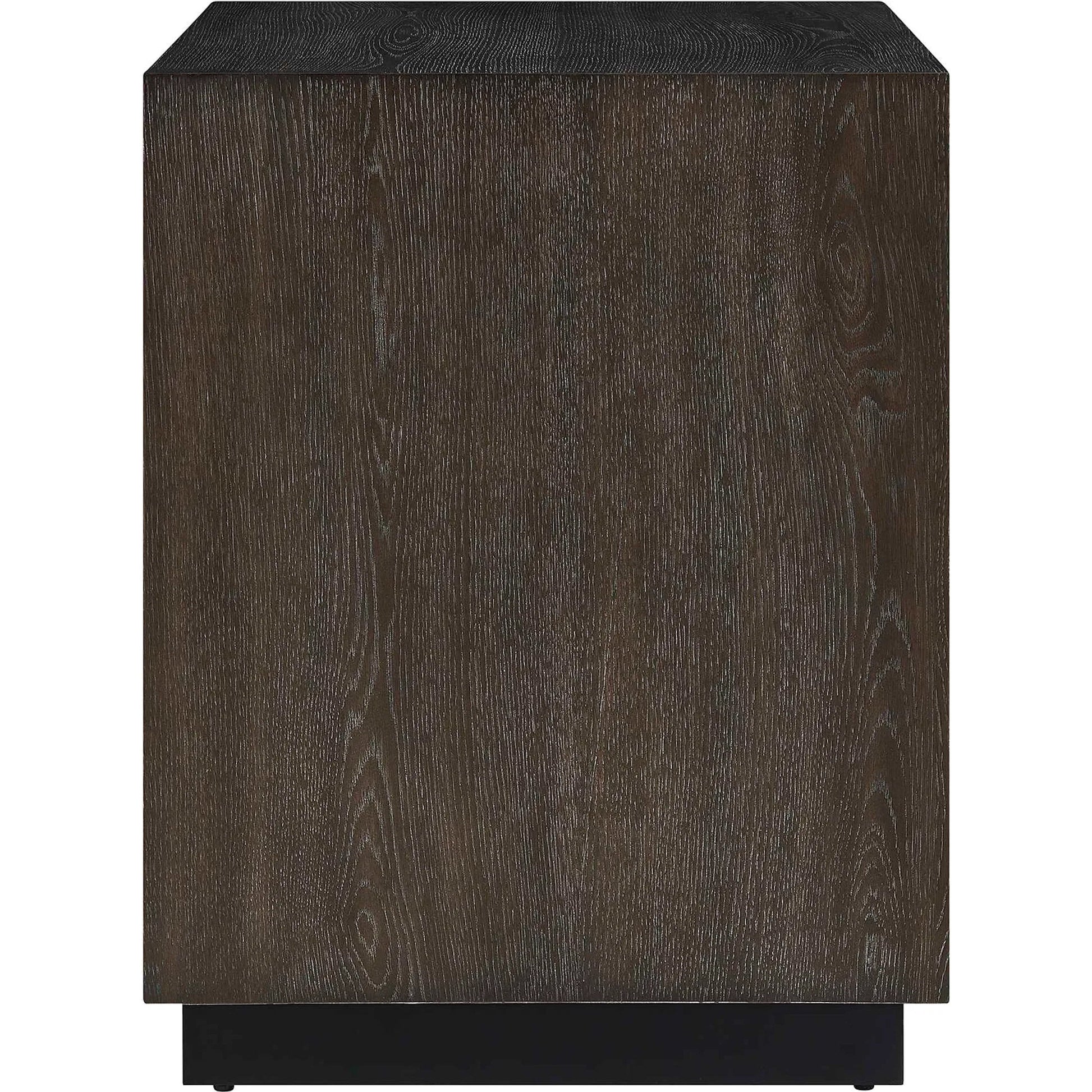 Barrett Cabinet by Uttermost in dark charcoal. Made from oak veneer board, iron in a unique style.