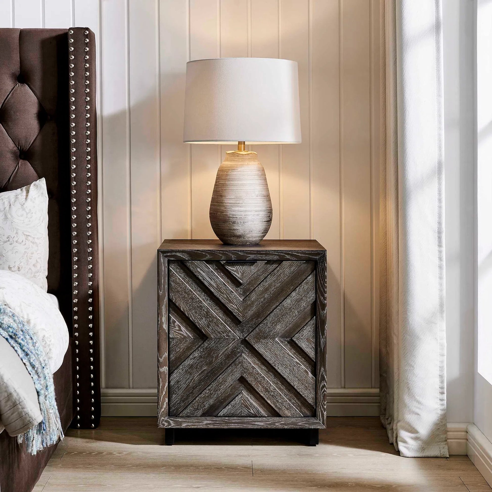 Barrett Cabinet by Uttermost in dark charcoal. Made from oak veneer board, iron in a unique style.