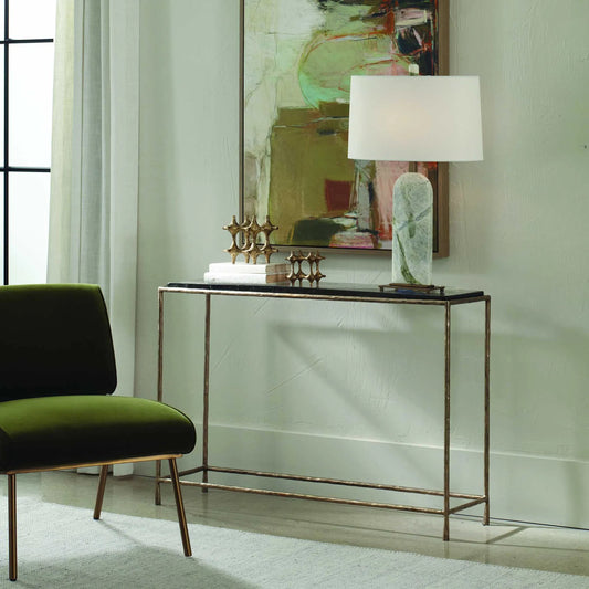 Ovard Minimalist Console Table by Uttermost in brass. Made from recycled glass, iron in a unique style.