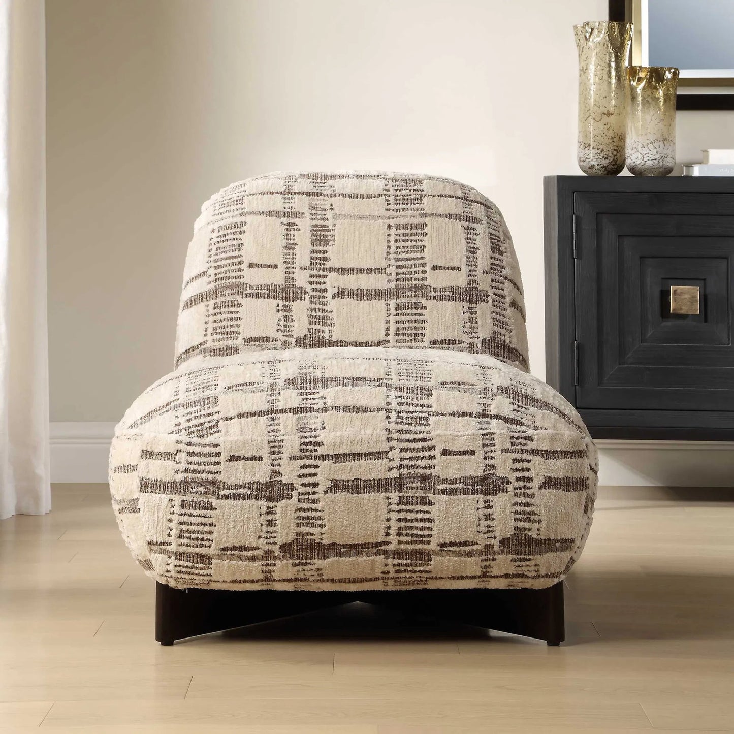 003 SI-2630772 | Lifestyle | Evans Modern Armless Accent Chair by Uttermost in brown and dark. Made from foam, fabric, rubber wood in a unique style.