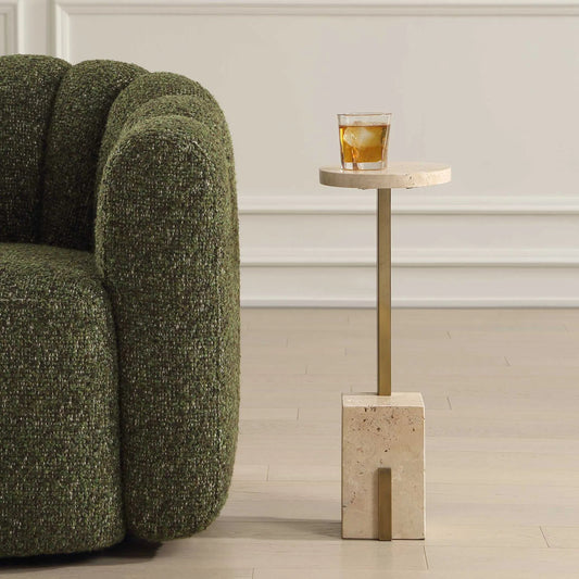 Feranno Travertine Accent Table by Uttermost in brass and brass. Made from travertine, iron in a unique style.