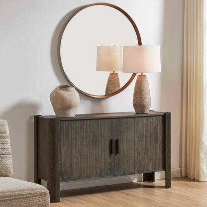 Drury 2 Door Cabinet by Uttermost in black and dark. Made from acacia solid, poplar solid wood, acacia veneered board, mdf, solid iron handles in a unique style.