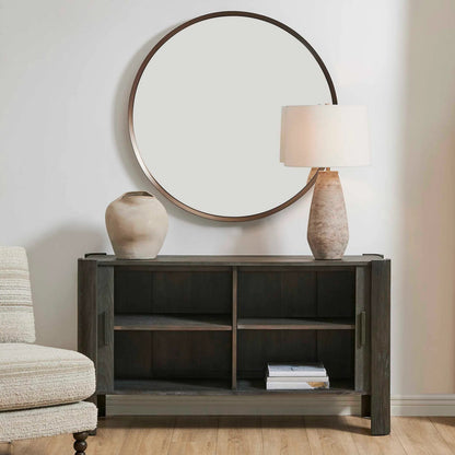 Drury 2 Door Cabinet by Uttermost in black and dark. Made from acacia solid, poplar solid wood, acacia veneered board, mdf, solid iron handles in a unique style.