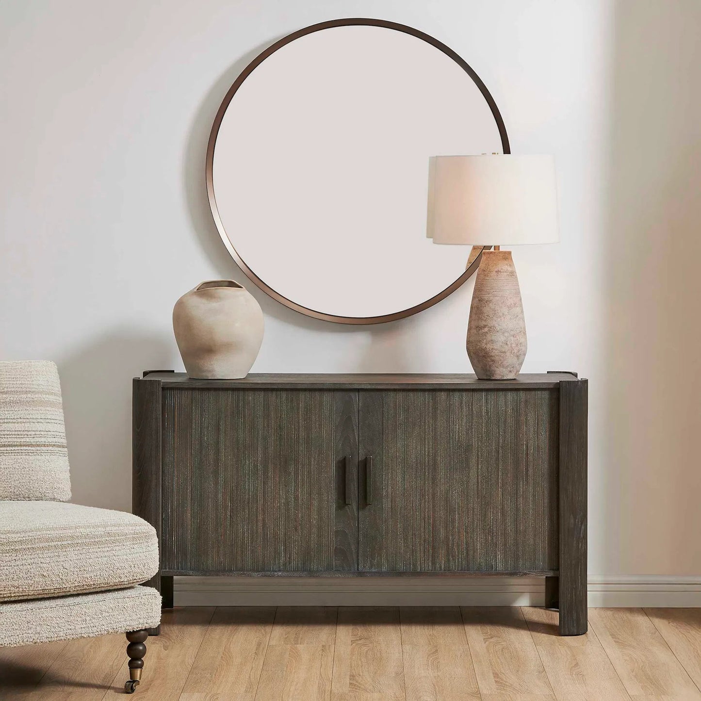 003 SI-2630701 | Lifestyle | Drury 2 Door Cabinet by Uttermost in black and dark. Made from acacia solid, poplar solid wood, acacia veneered board, mdf, solid iron handles in a unique style.